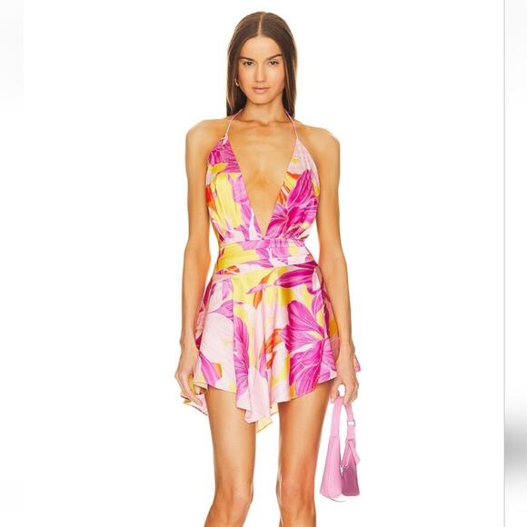 Retrofete Valo Mini Dress in Botanical Floral Halter Size Large Silk NWT - Picture 1 of 12